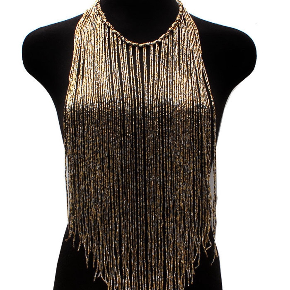Gold Beaded Cord Bib 16 inch drop Necklace
